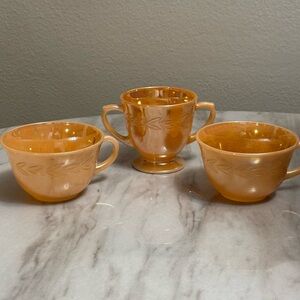 Fire king oven ware tinted amber sugar bowl and 2 tea cups